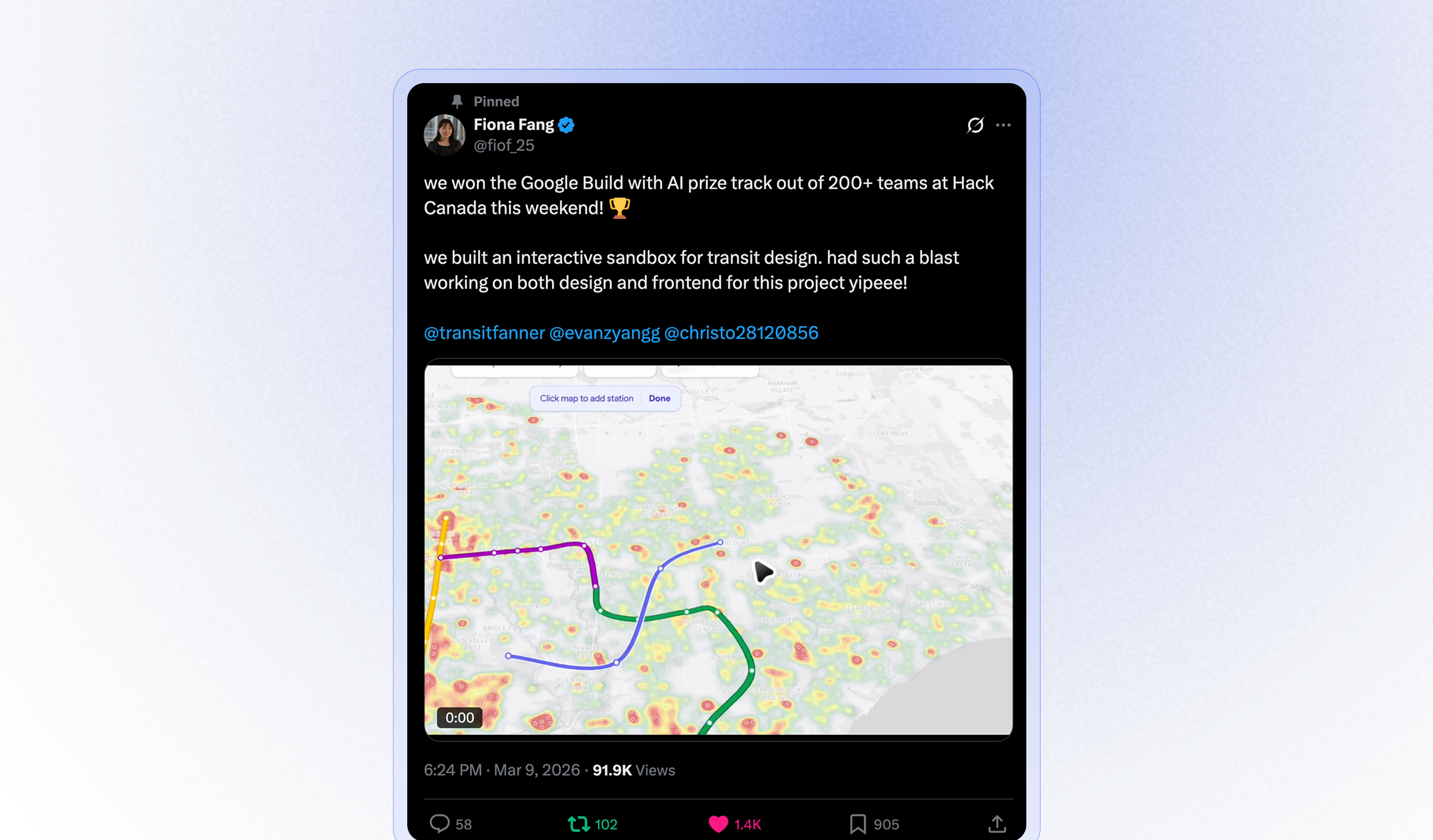 Transit Planner Launch Tweet by Fiona Fang
